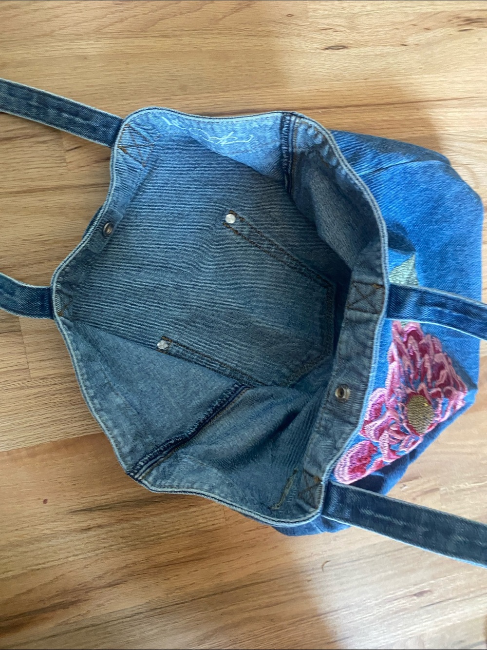 Denim Tote Bag with Pink Floral Embroidery - Picture 5 of 6